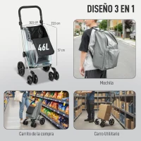 HOMCOM Carrito de Compra Plegable de 46 L Carro 3 en 1 con 6 Ruedas Bolsa Térmica y Asa Ajustable 44x58x100 cm Gris(m-4)