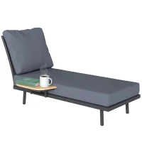 Outsunny Șezlong de grădină cu perne lavabile din olefină și raft lateral, cadru metalic, 58x137x75cm, gri(m-8)