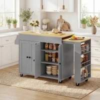HOMCOM Ilha de Cozinha com Rodas Tampo Extensível Carrinho de Cozinha com 4 Portas Prateleiras Ajustáveis Estante Lateral Aberta Cinza(m-5)