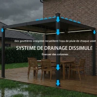 Outsunny Pergola bioclimatique 3x3m avec lumières LED solaires, pergola à lames orientables, gouttières, noir(m-7)