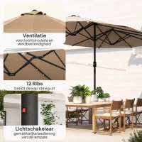 Outsunny parasol met LED dubbele parasol 440 x 260 cm tuinparasol marktparasol grote terrasparasol met handslinger ovaal metaal kaki(m-5)