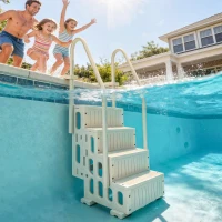 Outsunny Scaletta per Piscina in HDPE con 2 Corrimano e 4 Gradini per Piscina Interrata 117-147 cm, 80,8x86x198,5 cm, Crema(m-6)