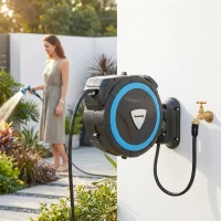 Outsunny Enrolador de Mangueira de Parede 14+1,5 m com Trava e Adaptadores, Giratório a 180°, 12 Modos de Pulverização, 49x15x37cm, Azul(m-2)