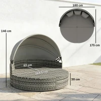 Outsunny Lettino prendisole rotondo modulare in rattan con tendalino, Grigio chiaro(m-3)