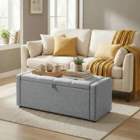 HOMCOM Banc de rangement, bout de lit, repose-pieds rembourré en lin avec assise large, 122 x 48 x 44 cm, gris clair(m-10)