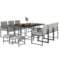 Outsunny Conjunto de Jantar Pátio 11 Peças, Mobiliário Exterior com 6 Poltronas, 4 Pufes, Cinza(m-7)