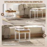 HOMCOM Lot de 2 tables basses gigognes carrées, tables gigognes de salon avec cadre en acier, style moderne, blanc(m-4)