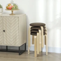 HOMCOM Gestoffeerde kruk 4-delige set, stapelbaar, gelakte afwerking, houten poten, bruin(m-8)