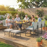 Outsunny Set Comedor Patio 11 Piezas, Muebles de Exterior con 6 Sillones, 4 Pufs, Gris(m-2)