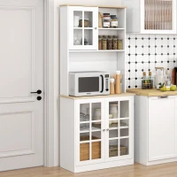 HOMCOM Buffet cuisine, meuble cuisine rangement haut, meuble de rangement avec plan de travail, 3 portes vitrées, 2 niches et étagères réglables, 80 x 37 x 183 cm, blanc chêne(m-10)
