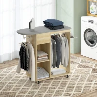 HOMCOM Armoire à repasser en bois table à repasser avec roulettes barre de suspension étagère 125 x 43,5 x 102,5 cm bois naturel(m-10)