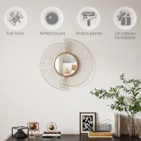 HOMCOM Miroir décoratif rond 60 cm avec fixation à 360°, décoration murale en métal moderne avec détails plissés, doré(m-6)