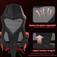 Scaun de Birou Ergonomic și Reclinabil Vinsetto cu Suport pentru Picioare, din Material Textil Respirabil, 58x63x112-122 cm, Negru și Roșu(m-5)