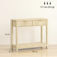 HOMCOM Consolă 90 cm, masă consolă îngustă cu 2 sertare canelate și raft, stil modern, lemn natural(m-3)