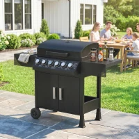 Outsunny Barbacoa de Gas con 6 Quemadores 15 kW Termómetro Parrilla Mesas Laterales Armario y Ruedas 135x51x101 cm Negro(m-9)