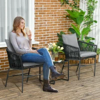 Outsunny Lot de 2 fauteuils chaises de jardin 2 places et métal et corde PE avec coussins, noir et gris foncé(m-10)