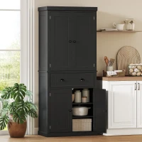 HOMCOM Aparador alto de cocina, armario de cocina con 4 puertas, cajón y estantes regulables, 76,2 x 40,2 x 183 cm, negro(m-2)