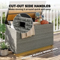 Outsunny Coffre de jardin 450 L Polyrattan étanche Coffre à coussins avec couvercle en bois FSC Vérins à gaz Doublure intérieure(m-5)