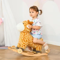 HOMCOM Jouet à Bascule Girafe et Porteur sur roulettes 2 en 1 Fonction sonore mugissement Bois peuplier Peluche Courte Polyester tacheté(m-2)