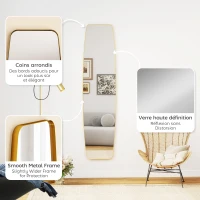 HOMCOM Grand miroir mural ovale 160 x 40 cm, miroir suspendu moderne, cadre en métal et bois, prêt à accrocher, doré(m-7)