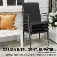 Outsunny Set 4 Scaune Empilabile și Respirabile cu Spătar Înalt și Cotiere, din Metal și Poliester, 51L x 69P x 87Î cm, Negru(m-6)