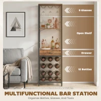 HOMCOM Weinbar-Schrank mit Schublade, Industrieller Barschrank, Weinregal für 12 Flaschen, Glashalter, Rustikal Braun(m-4)