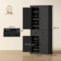 HOMCOM Hoher Küchenschrank, Küchenschrank mit 4 Türen, Schublade und verstellbaren Einlegeböden, 76,2 x 40,2 x 183 cm, schwarz(m-3)