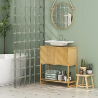 HOMCOM Meuble sous lavabo salle de bain en bambou et MDF meuble sous vasque 2 portes et 1 étagère - 70L x 33l x 79,5H cm(m-10)