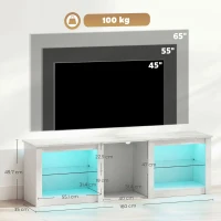HOMCOM Mueble TV con iluminación LED para televisores hasta 177,8 cm, 160 cm con estantes de vidrio ajustables, blanco(m-3)