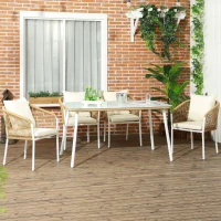 Outsunny Salon de Jardin 4 personnes en rotin PE avec chaises empilables et coussins, plateau en verre trempé cadre en aluminium(m-10)
