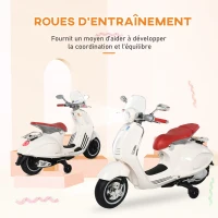 HOMCOM Vespa Scooter Moto électrique Enfants 6 V dim. 108L x 49l x 75H cm Musique klaxon 2 roues auxiliaires, 3-6 ans, Blanc(m-16)
