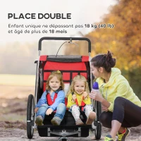 HOMCOM Remorque velo enfant 2 en 1 poussette vélo bébé 2 places avec ceinture de sécurité 5 points, réflecteurs, drapeau, rouge(m-5)