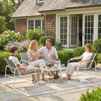 Outsunny 4-teiliges Gartenmöbel-Set mit Zweisitzer-Sofa, 2 Sesseln, Tisch mit gehärteter Glasplatte, Textilene, Hellgrau(m-5)