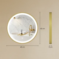 HOMCOM Espelho de banheiro com iluminação LED redondo 40 cm, espelho de parede iluminado com 3 temperaturas de cor, com brilho regulável, dourado(m-3)