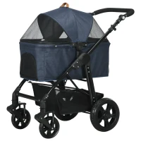 Poussette buggy pliable chien chat amortisseurs panier de rangement 2 attaches sécurité housse réglable acier Oxford bleu foncé(m-12)
