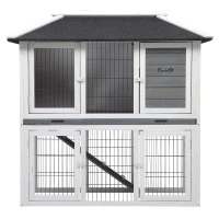 PawHut Clapier en bois pour lapin à 2 étages 4 portes verrouillables plateau coulissant rampe - 117L x 62,5l x 115H cm - bois de sapin gris blanc(m-11)