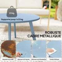 Outsunny Petite table basse ronde, table d'appoint avec patins antidérapants, cadre en métal, pour jardin, Ø 70 x 42 cm, bleu(m-5)