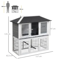 PawHut Clapier en bois pour lapin à 2 étages 4 portes verrouillables plateau coulissant rampe - 117L x 62,5l x 115H cm - bois de sapin gris blanc(m-3)