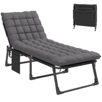 Outsunny Transat pliant large Chaise de jardin avec dossier réglable 5 positions Matelas rembourré Appui-tête Poche latérale(m-1)