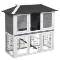 PawHut Clapier en bois pour lapin à 2 étages 4 portes verrouillables plateau coulissant rampe - 117L x 62,5l x 115H cm - bois de sapin gris blanc(m-1)