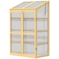 Outsunny Mini Serre de Jardin en Polycarbonate Cadre en Bois 3 étagères dim. 80L x 50l x 130H cm Double Porte Toit ouvrant Bois de Sapin lasuré Marron(m-11)