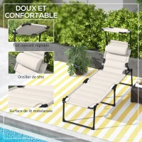 Outsunny Lot de 2 Bains de soleil transats pliables grand confort dossier pare-soleil réglables multi-positions, crème(m-6)