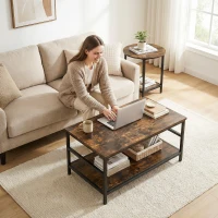 HOMCOM Conjunto de mesas, 2 peças, mesa retangular e redonda com armazenamento em 2 níveis, marrom rústico(m-4)