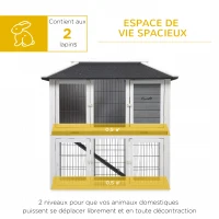 PawHut Clapier en bois pour lapin à 2 étages 4 portes verrouillables plateau coulissant rampe - 117L x 62,5l x 115H cm - bois de sapin gris blanc(m-4)