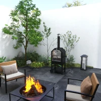 Outsunny Four à Pizza extérieur au Charbon de Bois - Barbecue sur roulettes - Four à Bois - Pierre réfractaire - cheminée, jauge température - Acier INOX.Noir Gris(m-10)