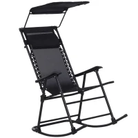 Outsunny Fauteuil à Bascule Rocking Chair Pliable de Jardin dim. 105L x 64l x 125H cm tétière + Pare-Soleil Inclus Acier époxy textilène Noir(m-1)