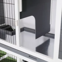 PawHut Clapier en bois pour lapin à 2 étages 4 portes verrouillables plateau coulissant rampe - 117L x 62,5l x 115H cm - bois de sapin gris blanc(m-9)