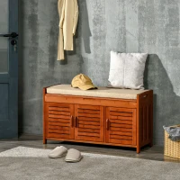 HOMCOM Banc à chaussures meuble à chaussures en bambou avec coussin d'assise, 3 portes et compartiment caché, marron(m-10)
