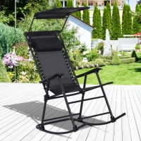 Outsunny Fauteuil à Bascule Rocking Chair Pliable de Jardin dim. 105L x 64l x 125H cm tétière + Pare-Soleil Inclus Acier époxy textilène Noir(m-9)