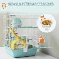 PawHut Cage hamster, cage rongeur à 3 niveaux, avec roue d'exercice, tunnel de jeu, gamelle, cabane, 34,5 x 27,5 x 41 cm, bleu(m-6)